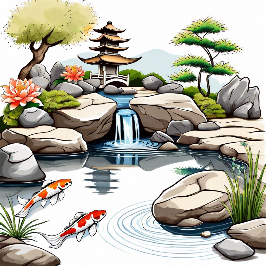 a serene zen garden with koi fish