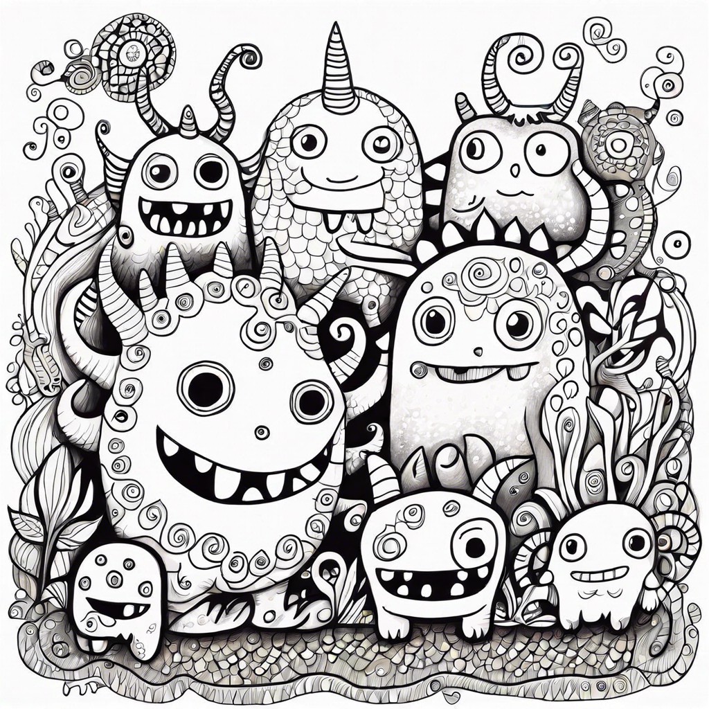 a series of interconnected doodle style monsters
