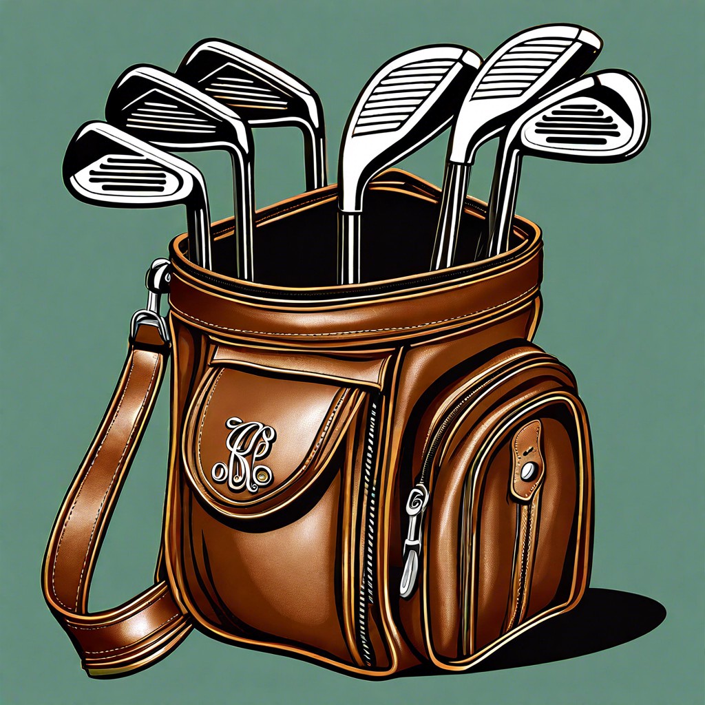 a set of monogrammed golf clubs in an elegant bag