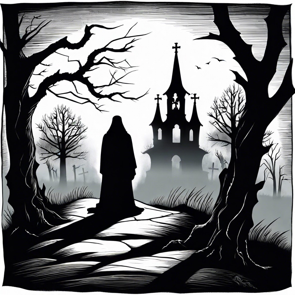 a shadowy figure standing in a misty graveyard