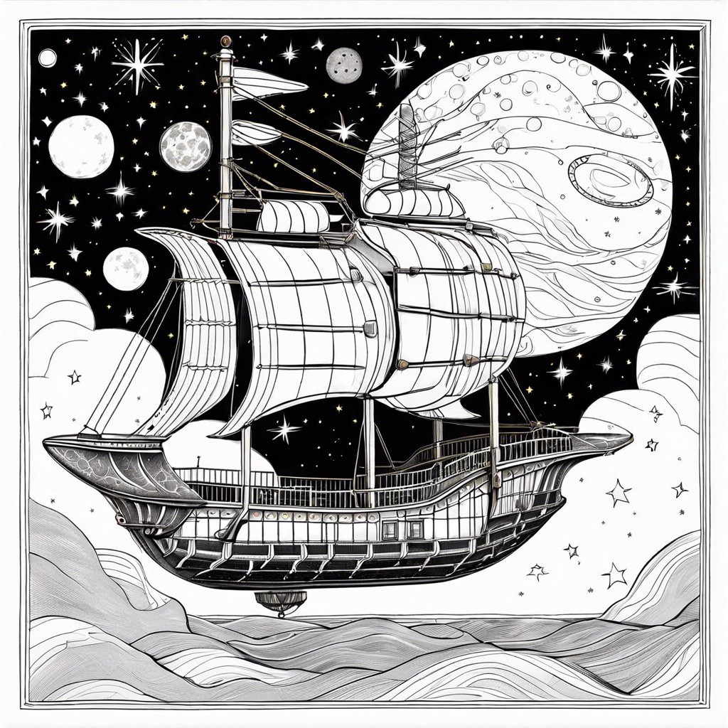 a ship sailing through the sky with sails made of stars