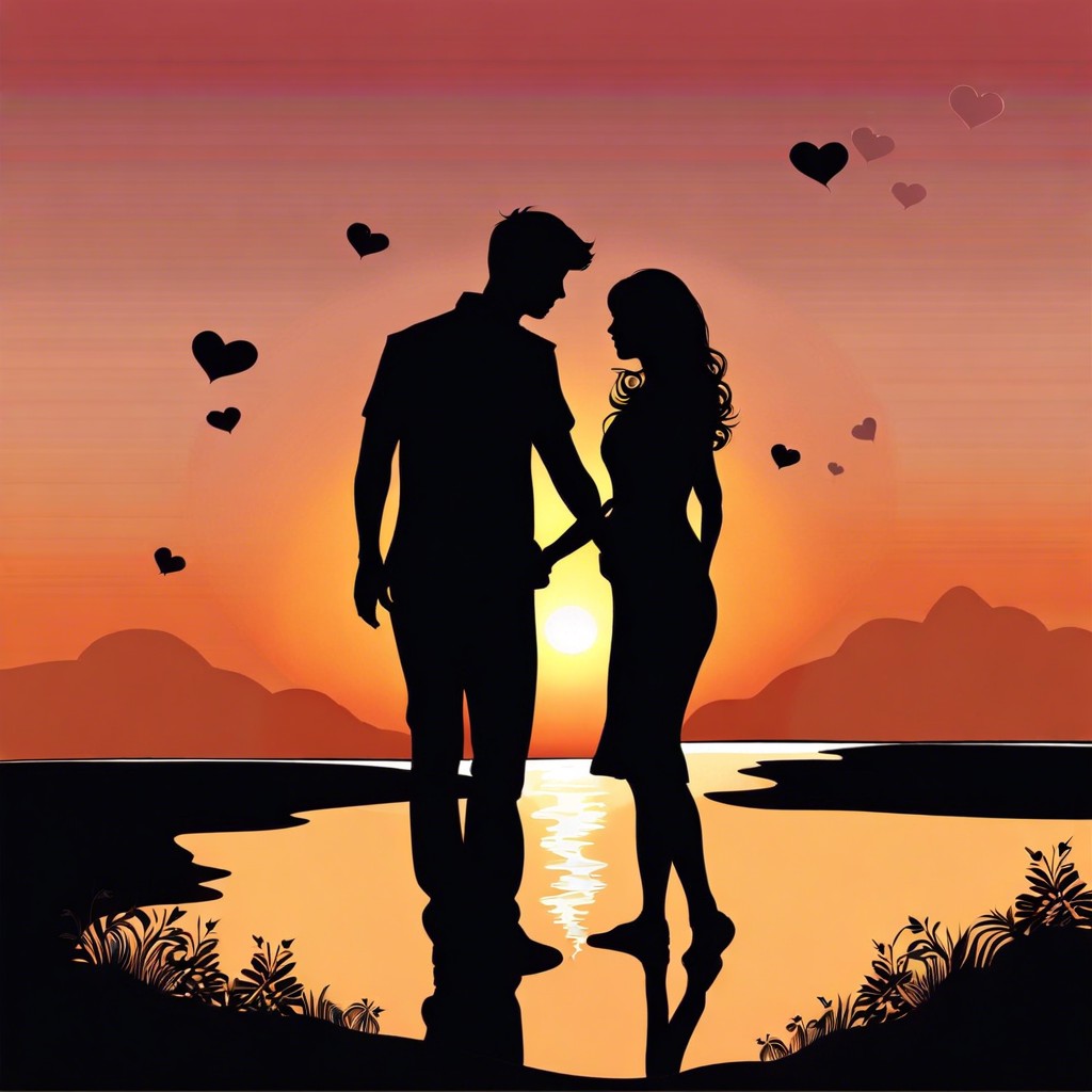 a silhouette of a couple watching a sunset with their shadows forming a heart