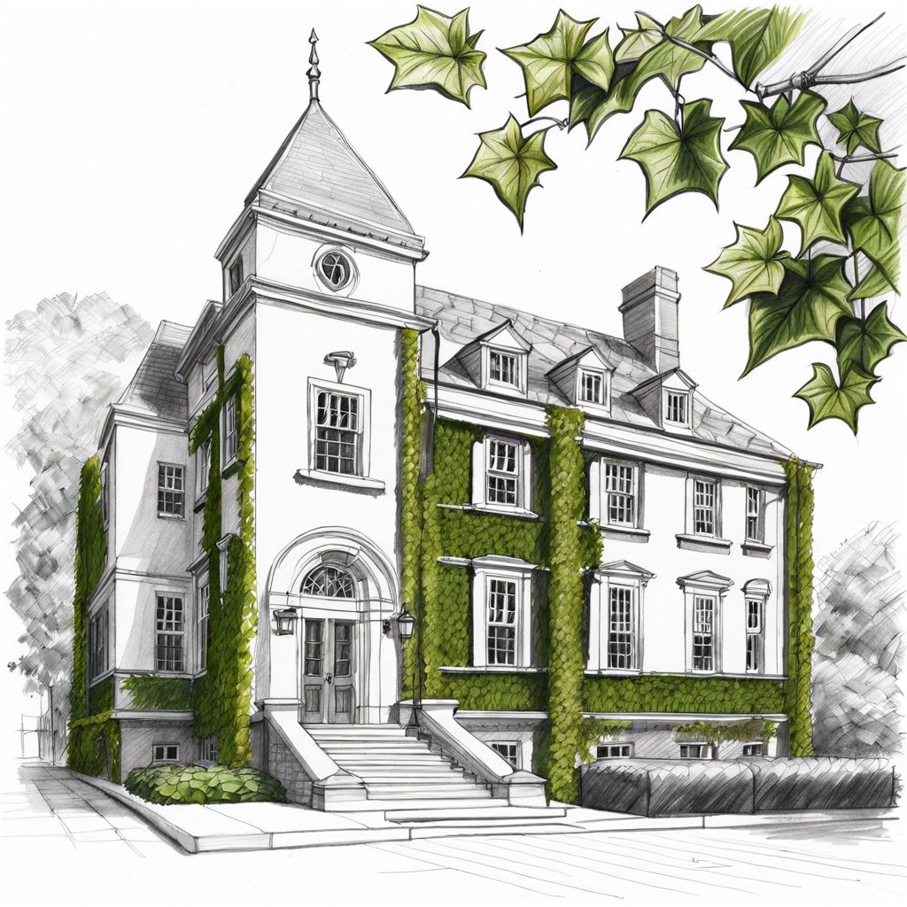 a sketch of a prep school with ivy covered walls