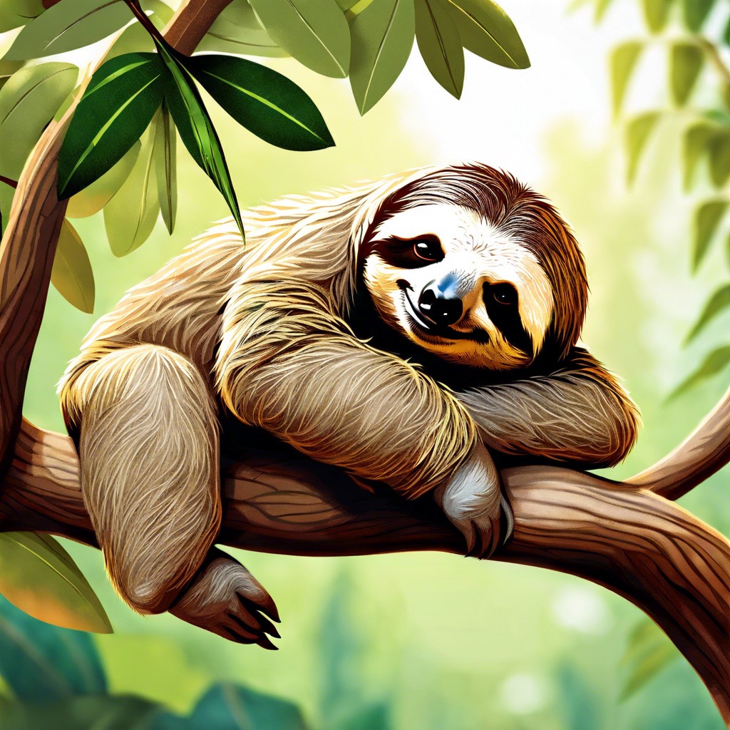 a sleepy sloth hanging from a tree