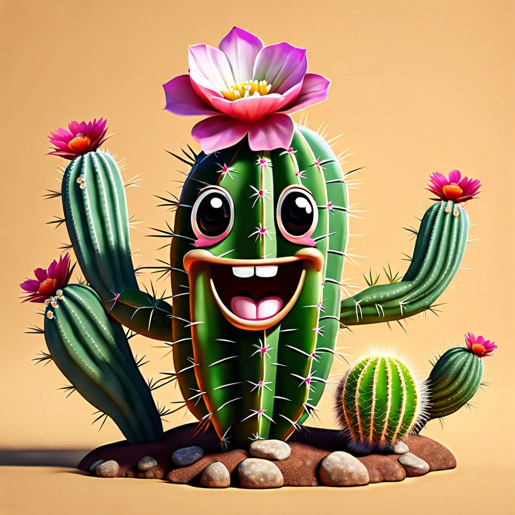 a smiling cactus with a flower on top