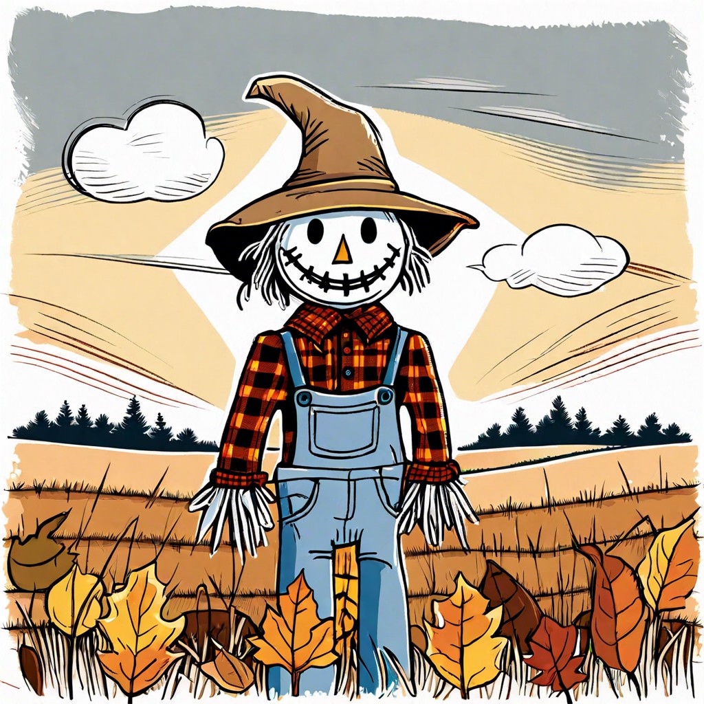 a smiling scarecrow with a flannel shirt