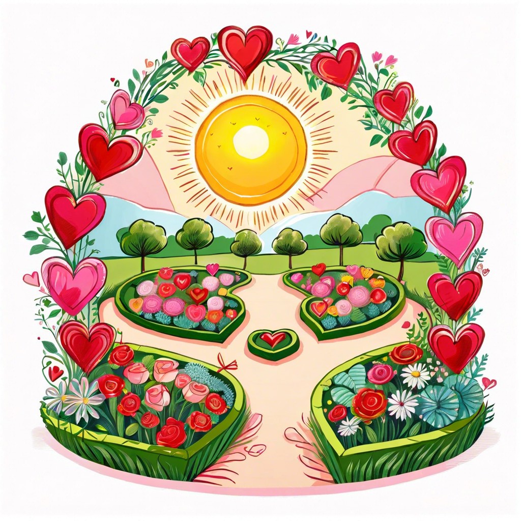 a smiling sun shining down on a heart shaped garden