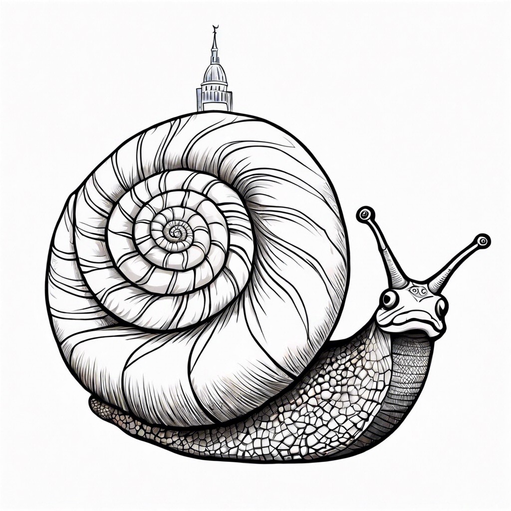 a snail with a spiral city on its shell