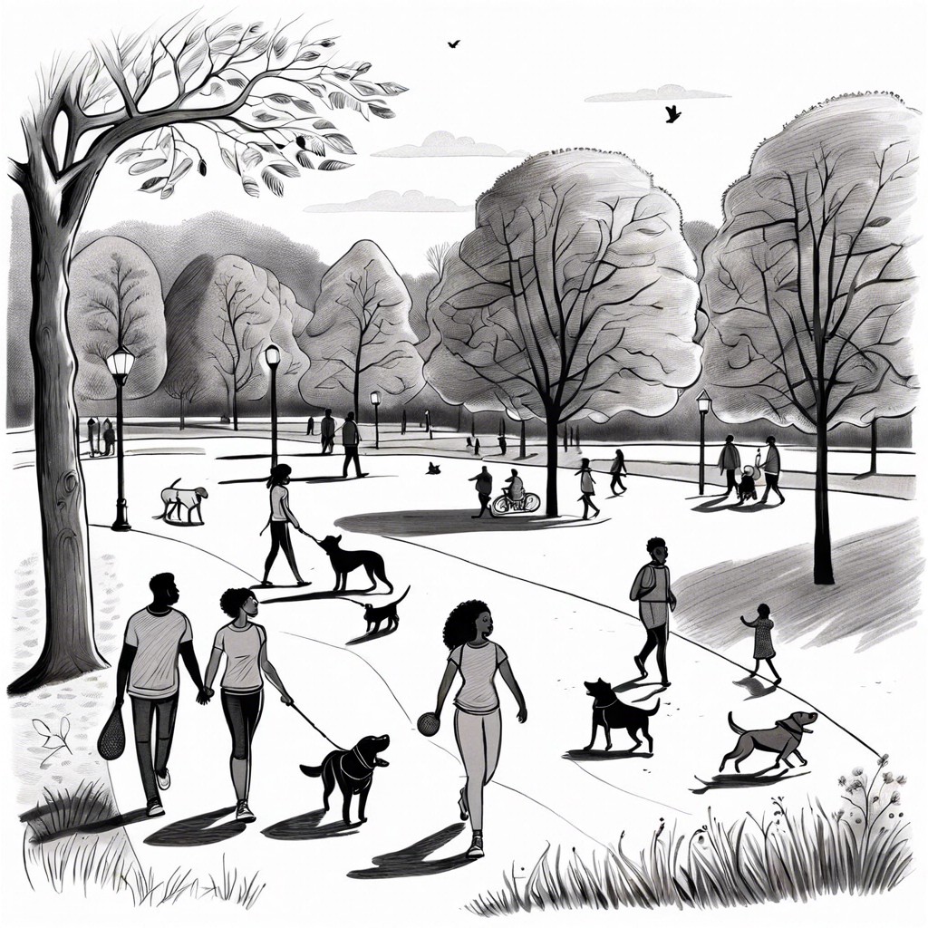 a snapshot of people and pets in a park