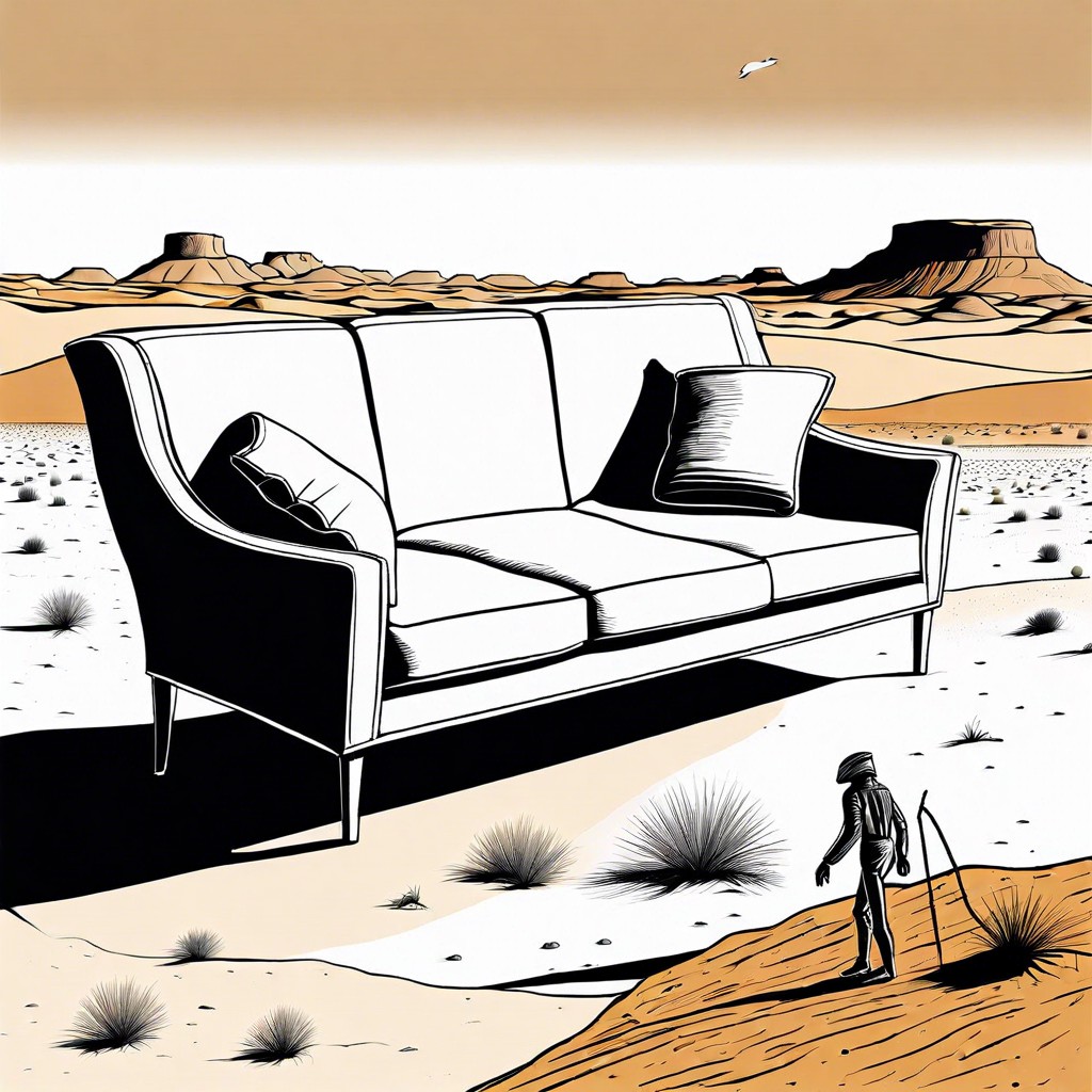 a sofa with human legs walking through a desert