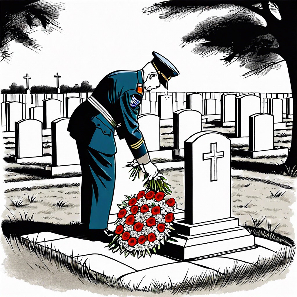 a solemn veteran at a military cemetery placing flowers