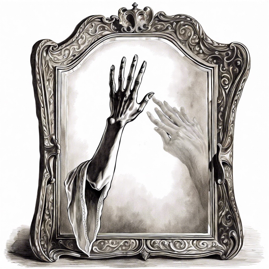 a spectral hand reaching out of a mirror