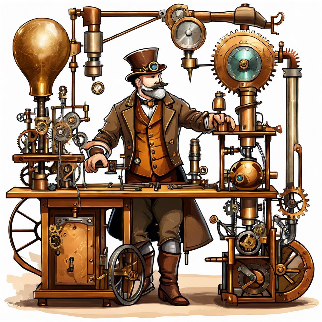 a steampunk inventor surrounded by quirky gadgets