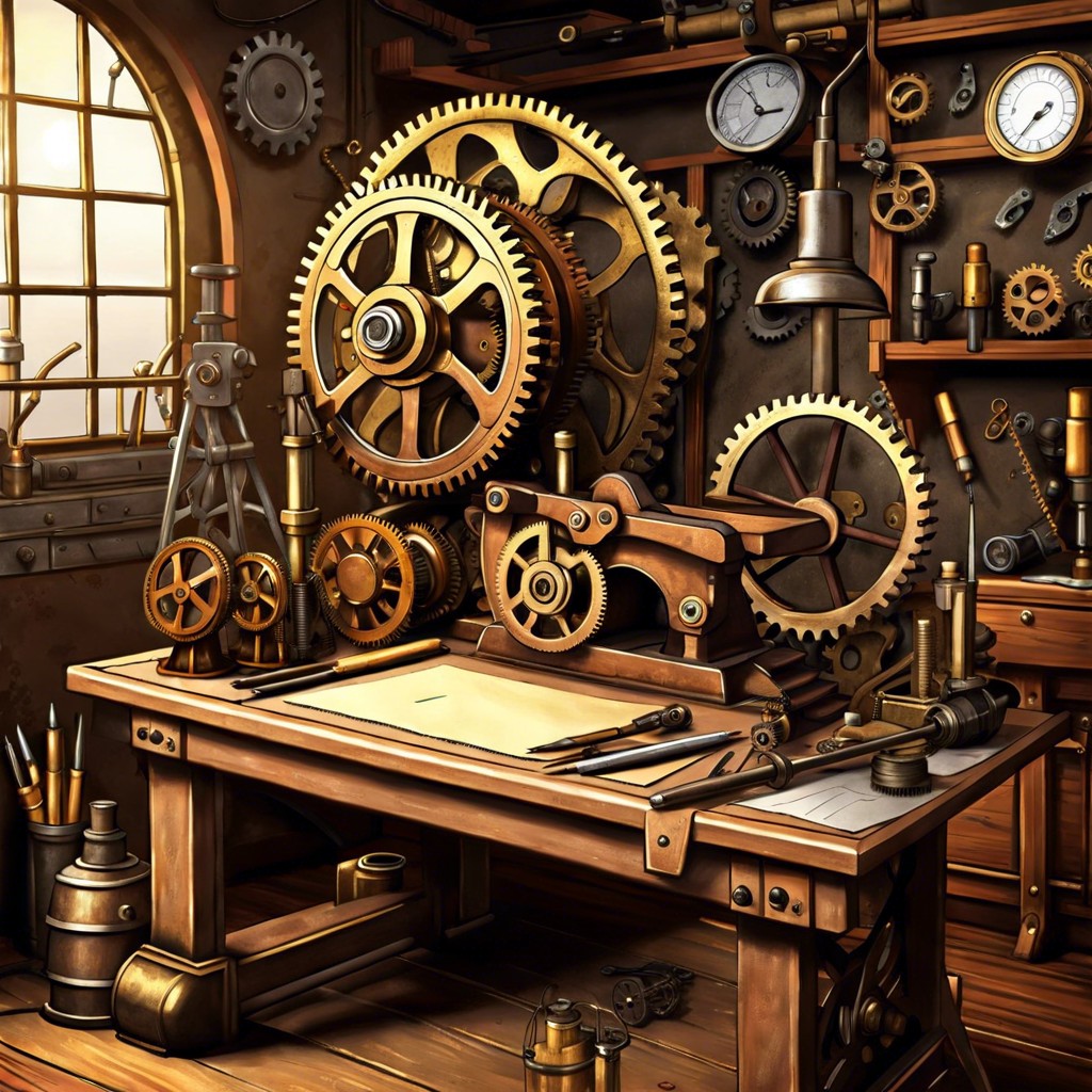 a steampunk style inventors workshop with intricate gear systems