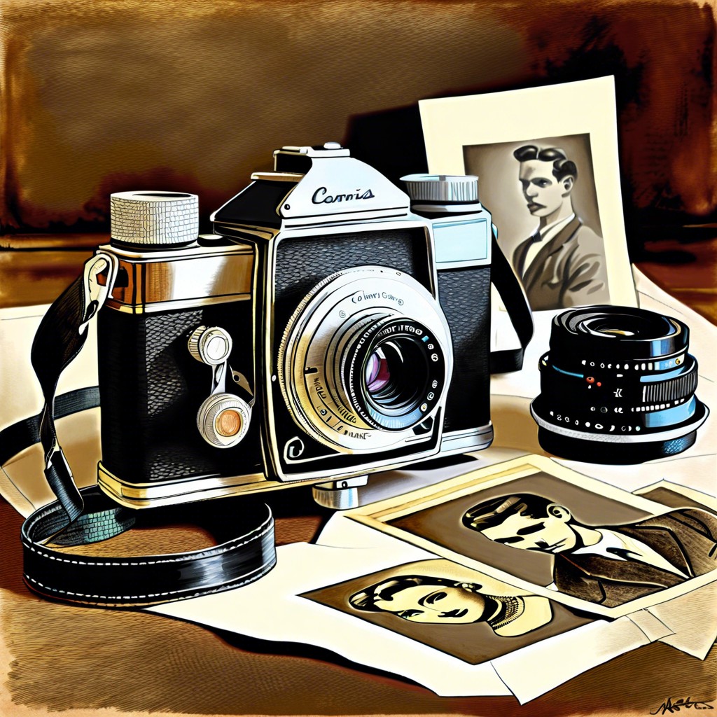 a still life of vintage cameras and old photographs