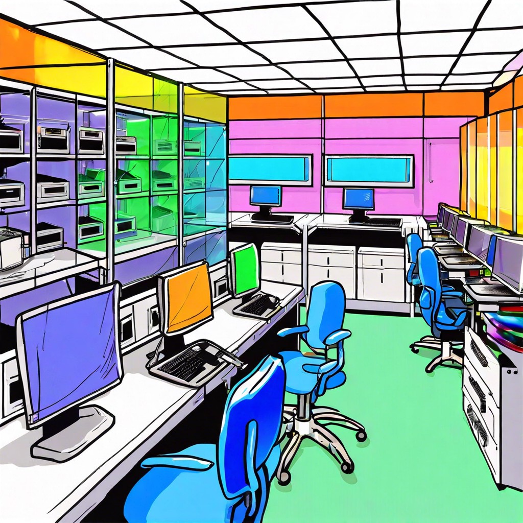 a stylized computer lab from the 2000s with colorful translucent plastics