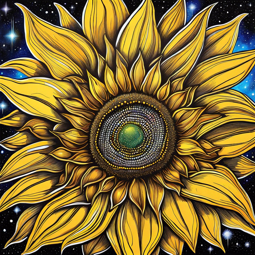 a sunflower with a spiral galaxy at its center