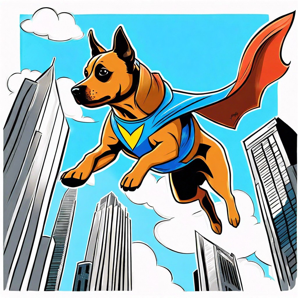 a superhero dog flying through the city