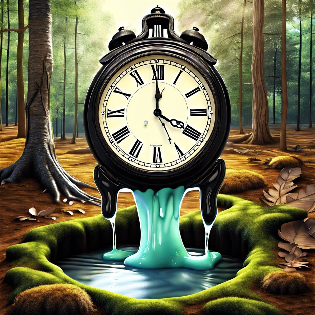 a surreal clock melting over a forest