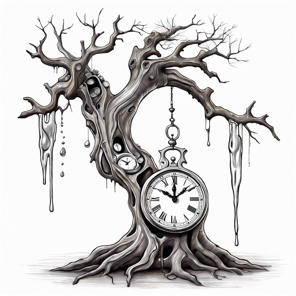a surreal clock melting over a tree branch