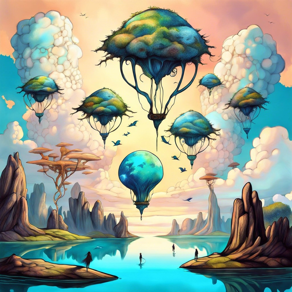 a surreal dreamscape with floating elements
