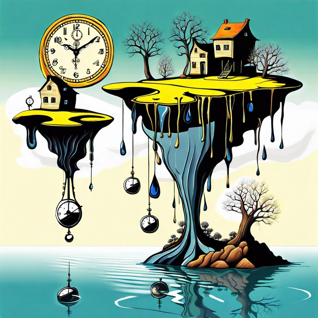 a surreal landscape with melting clocks and floating islands