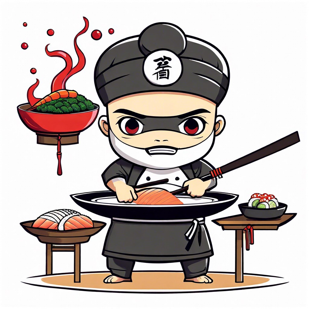 a sushi chef ninja preparing exotic dishes