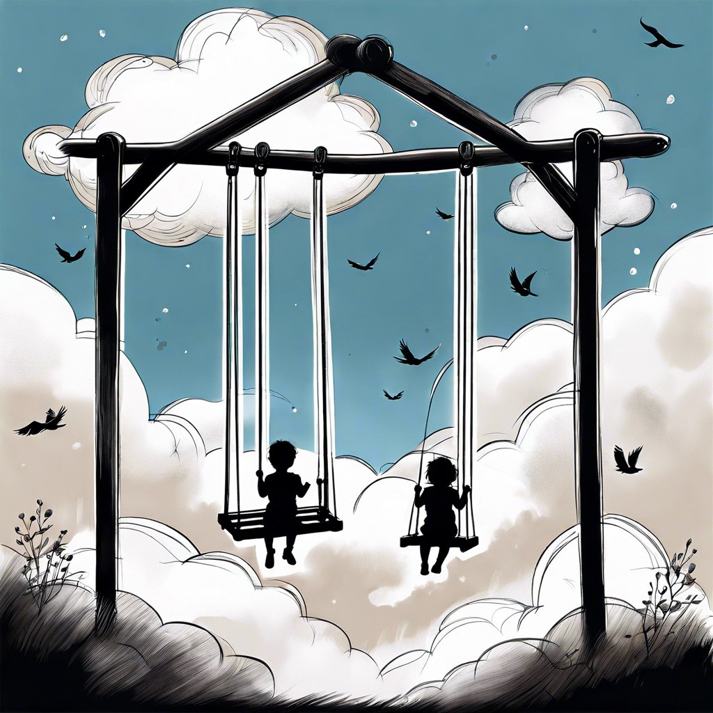 a swing set that swings between clouds in the sky