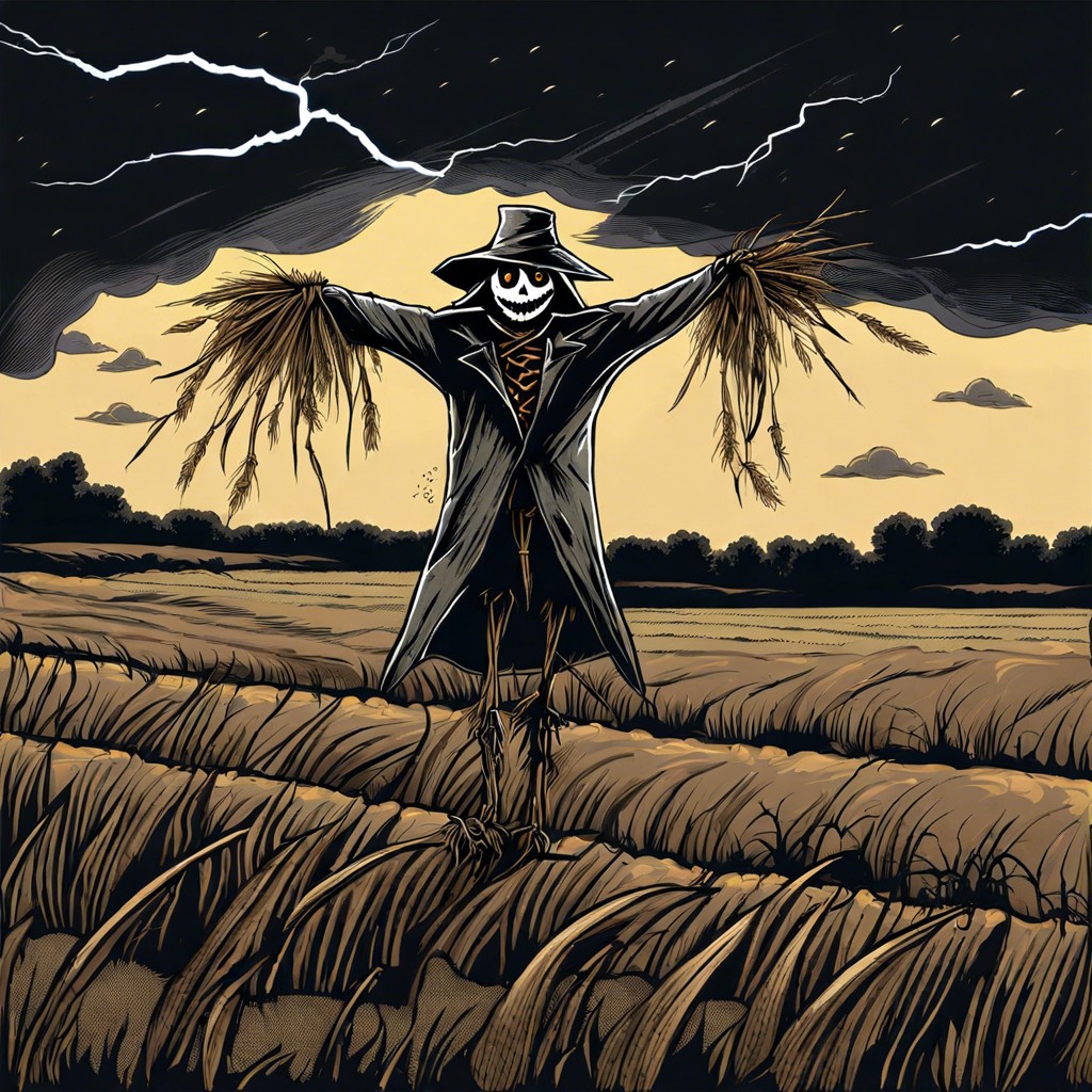 a tattered scarecrow in a field during a thunderstorm