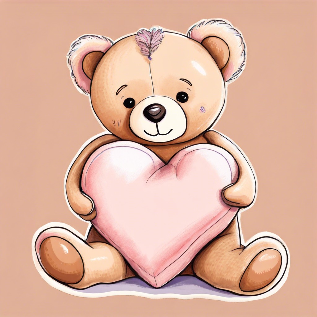 a teddy bear hugging a heart shaped pillow