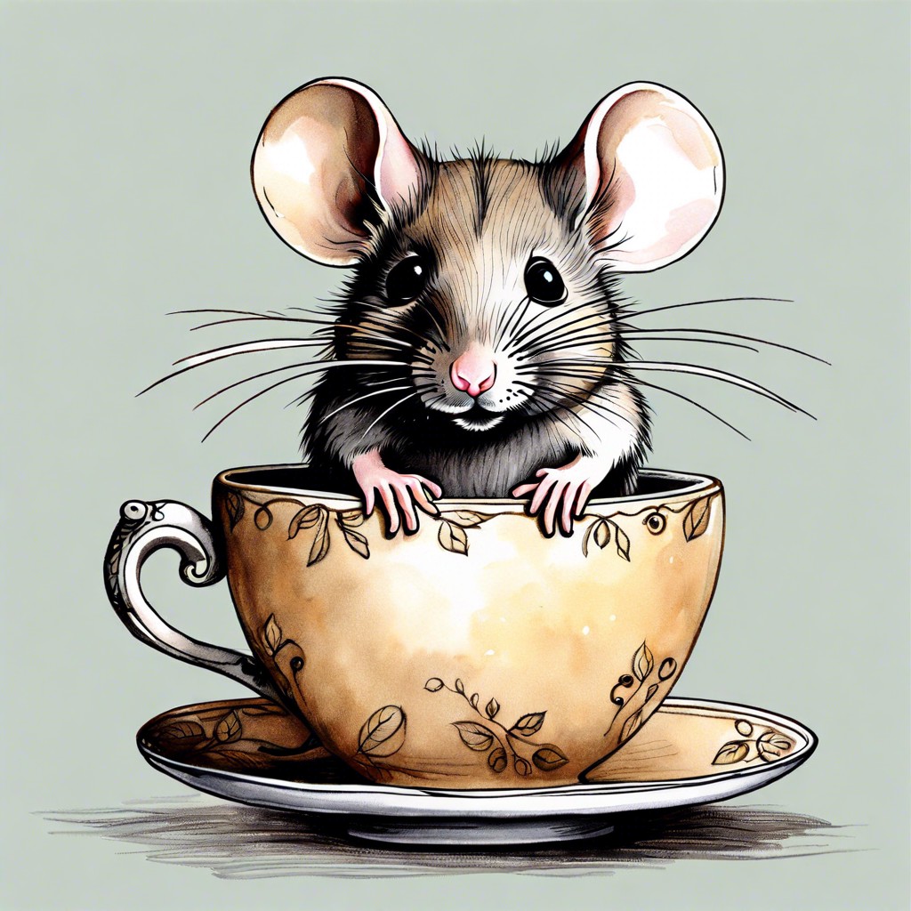 a tiny mouse peeking out of a teacup