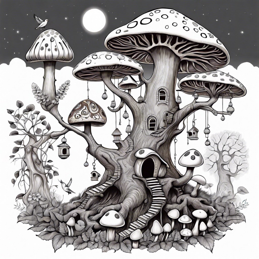 a towering mushroom tree with birds and other creatures nestled in its branches