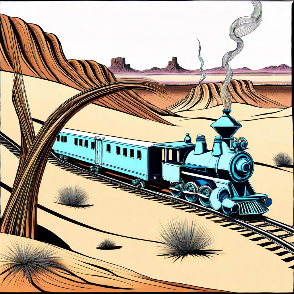 a train twisting like a ribbon through a surreal desert