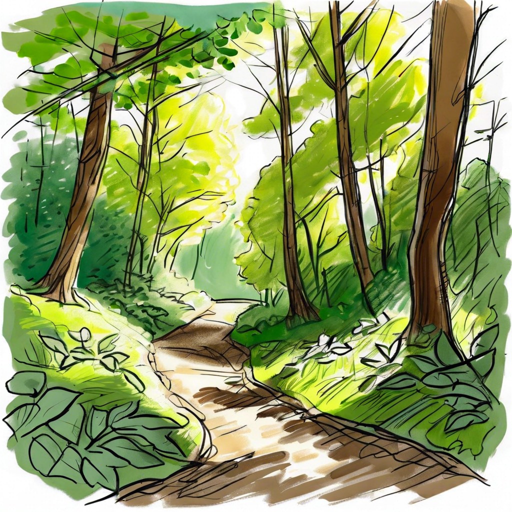 a tranquil forest path with dappled sunlight