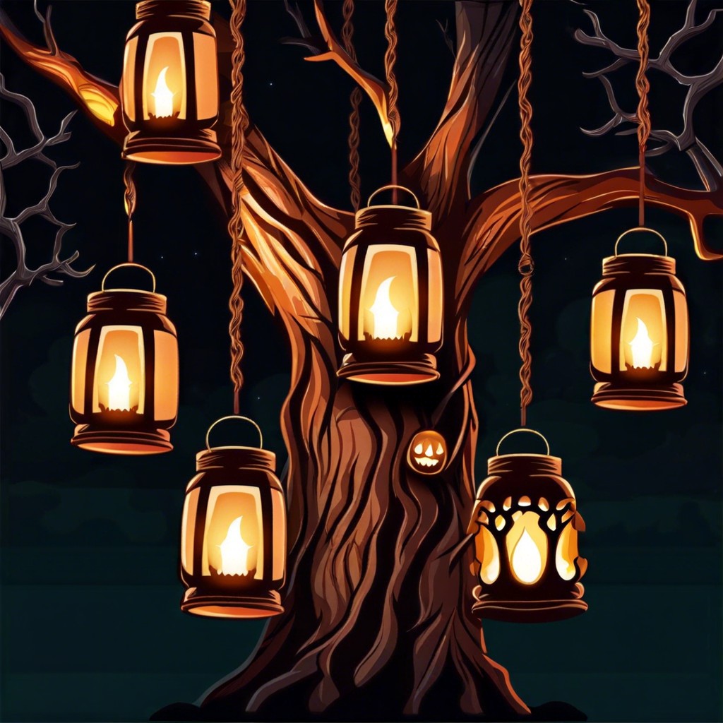 a tree with faces in the bark and hanging lanterns