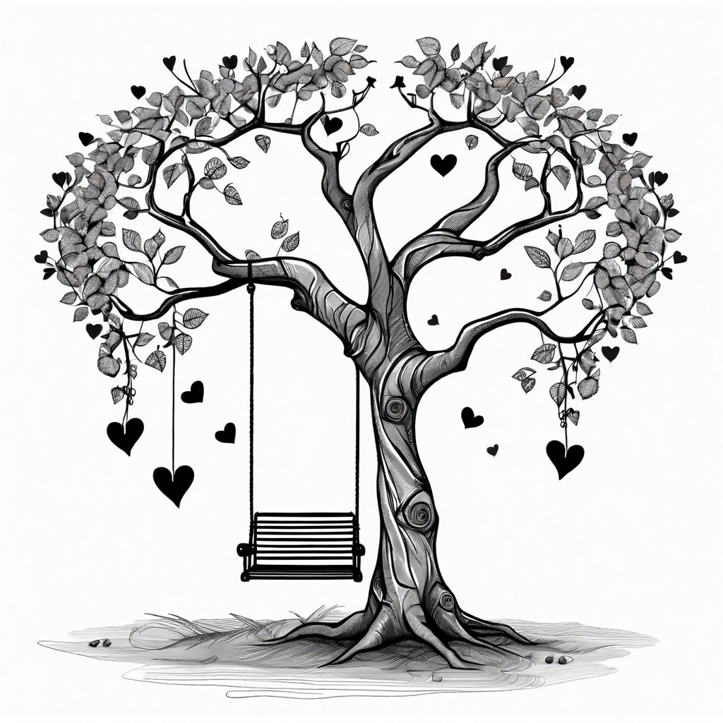 a tree with leaves made of hearts and a swing hanging from its branches