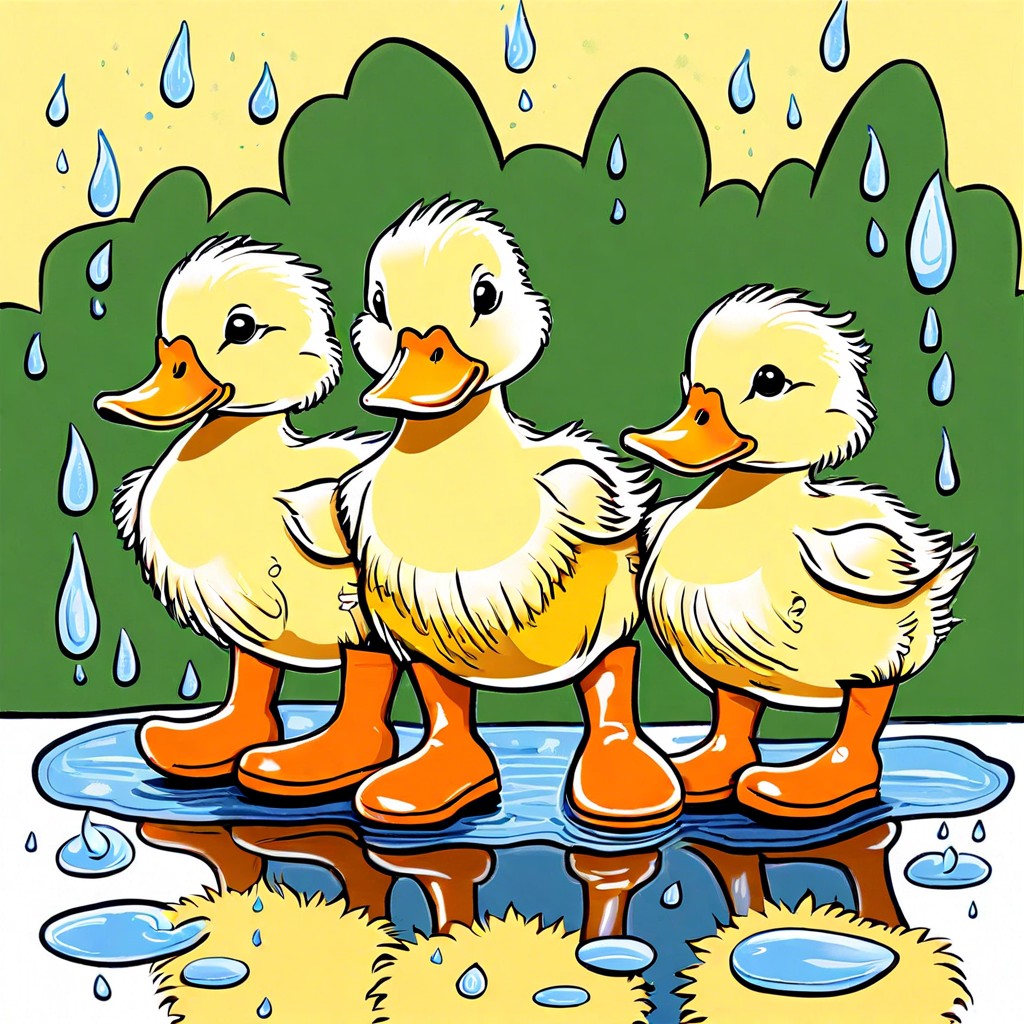 a trio of ducklings in puddle with rain boots