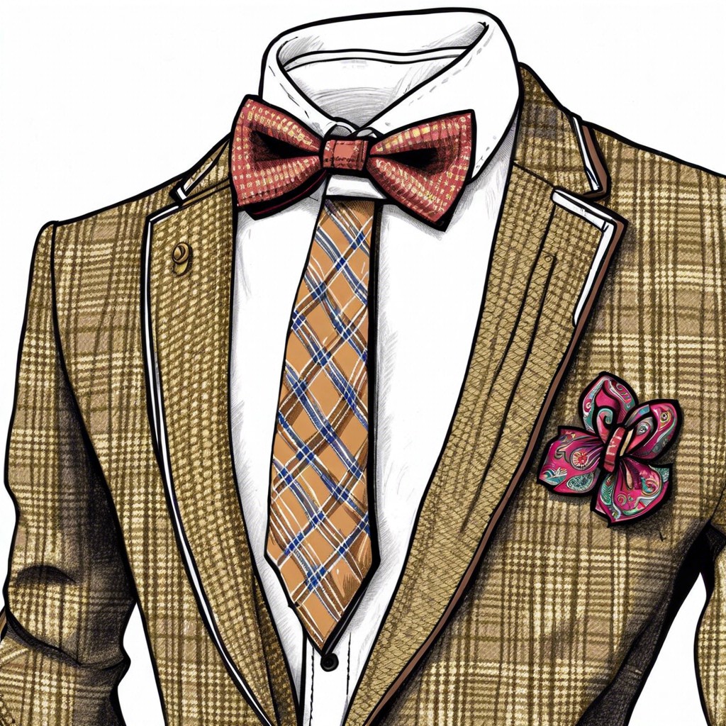 a tweed blazer paired with a paisley bow tie