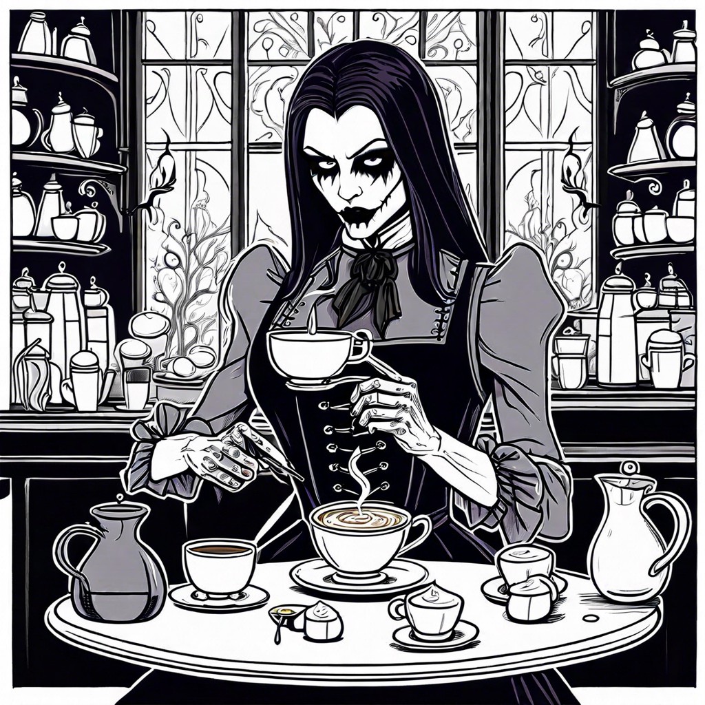 a vampire barista serving spooky lattes at a cafe