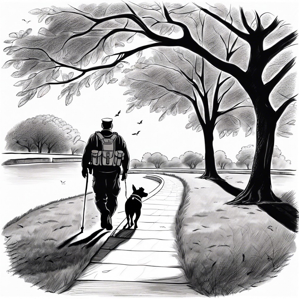 a veteran and their service dog walking in a peaceful park