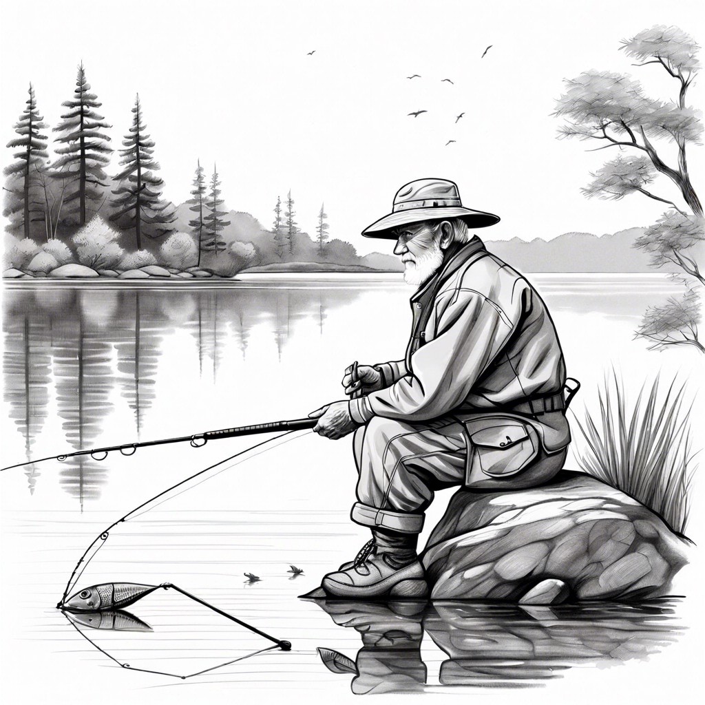 a veteran fishing at a lake reflecting quietly