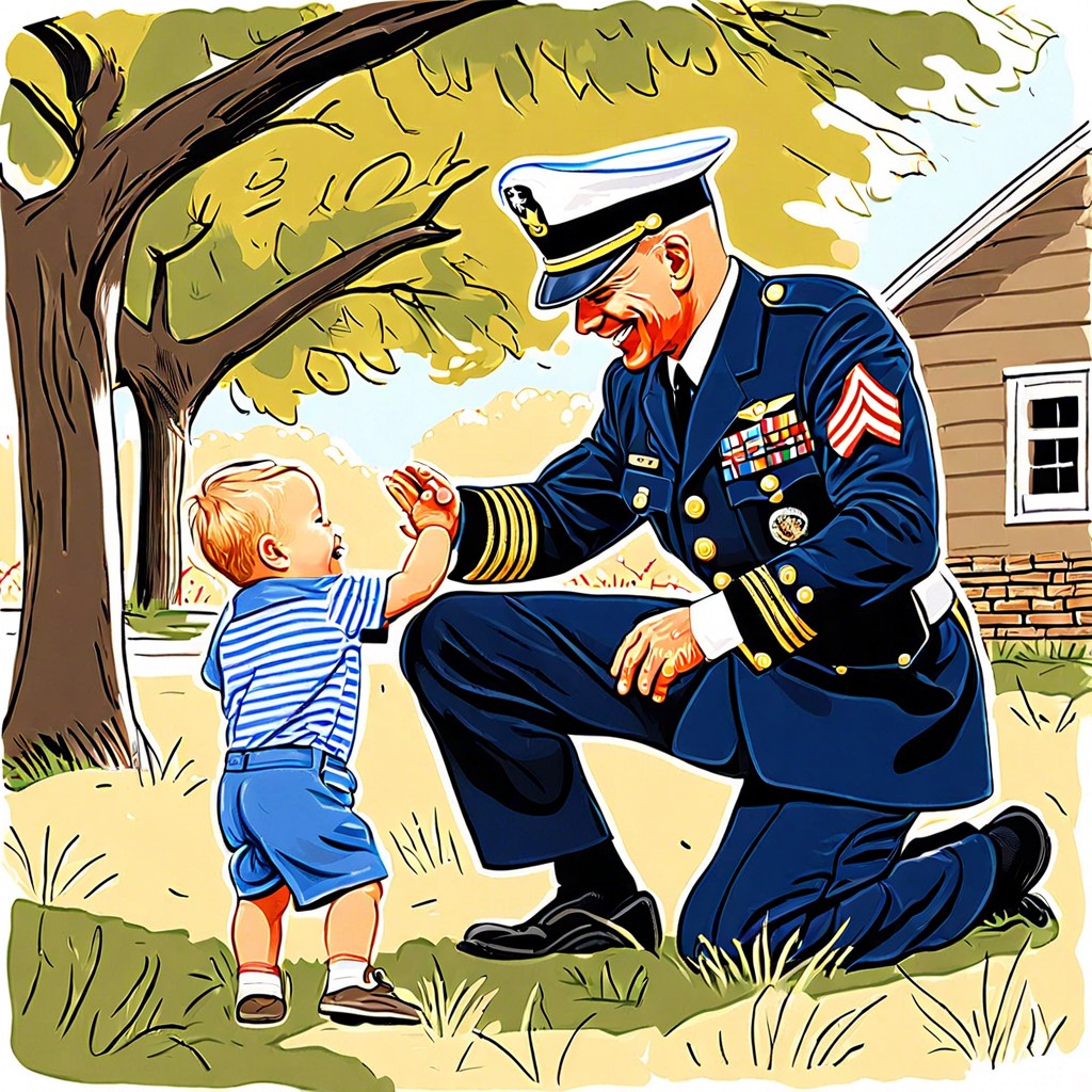 a veteran in uniform playing with their young child