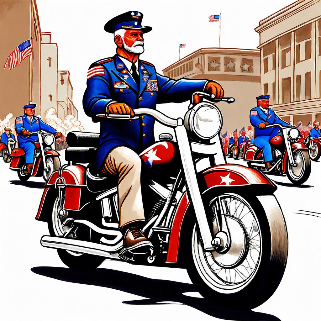 a veteran riding a motorcycle with other veterans in a parade