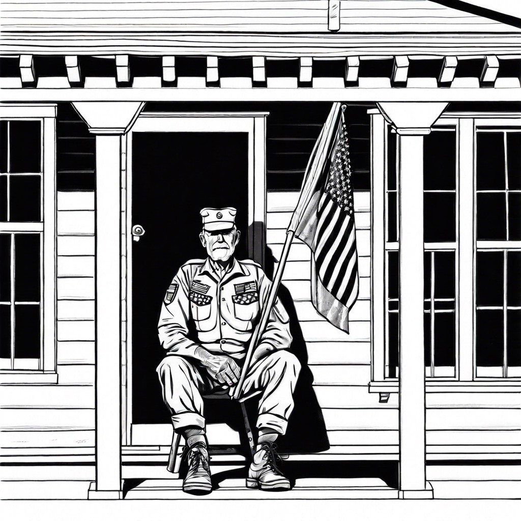 a veteran sitting on a porch with a folded flag next to them
