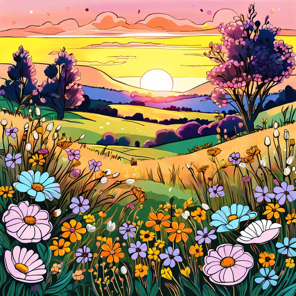 a vibrant sunset over a flower field