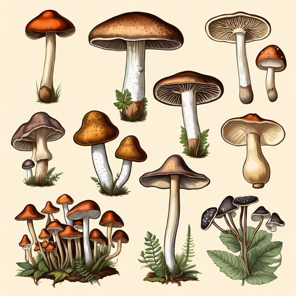 a vintage botanical illustration of different mushroom species with labels