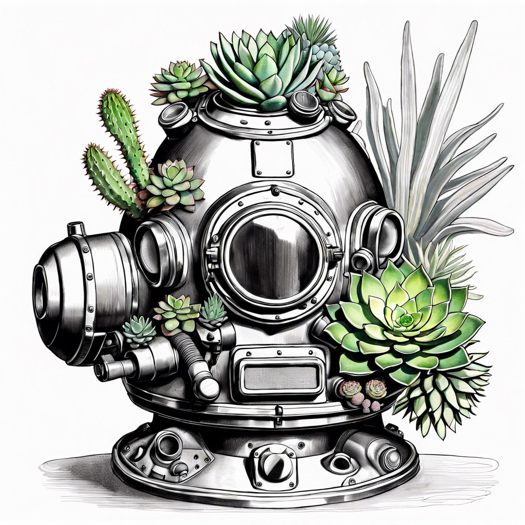 a vintage divers helmet filled with succulents