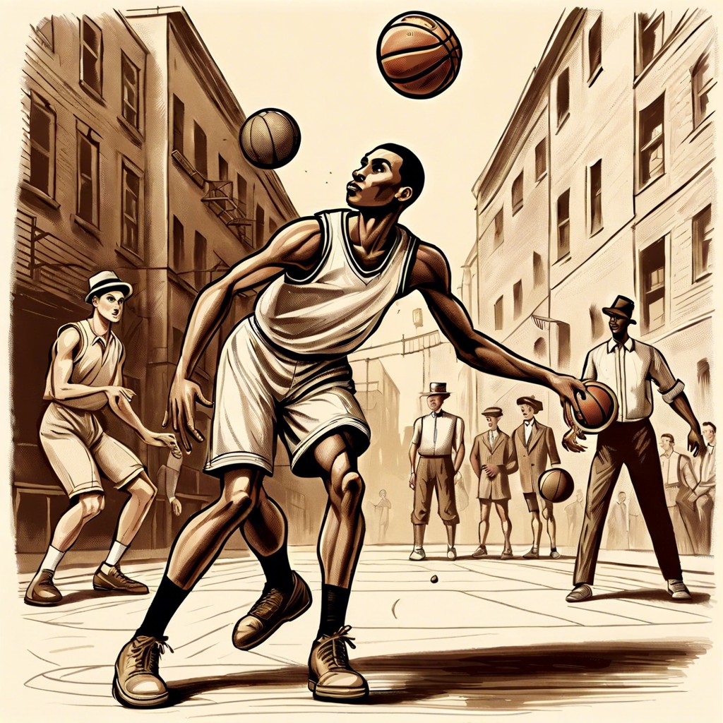 a vintage scene of an old school street basketball game