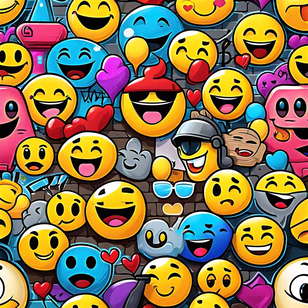 a wall covered in graffiti style emojis conveying various emotions