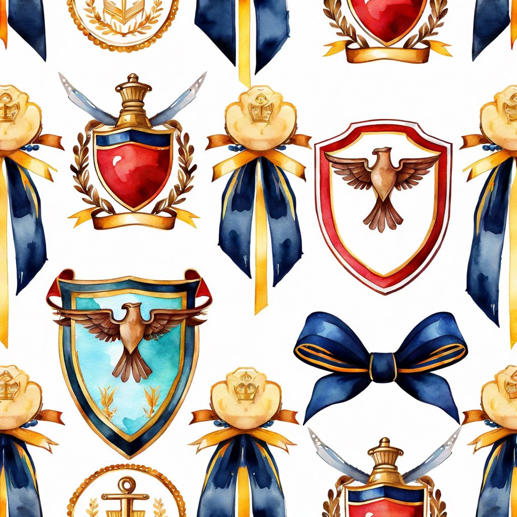 a watercolor crest with ribbon detailing